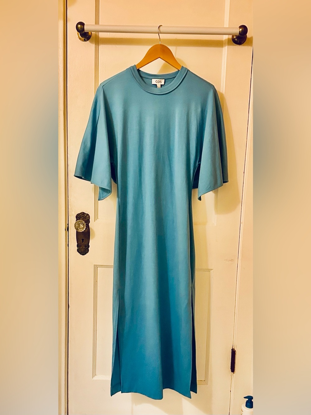 COS Signature Draped-Sleeve Midi Dress. Azure Blue,Soft Jersey Fabric. Leg Slits - Picture 3 of 16